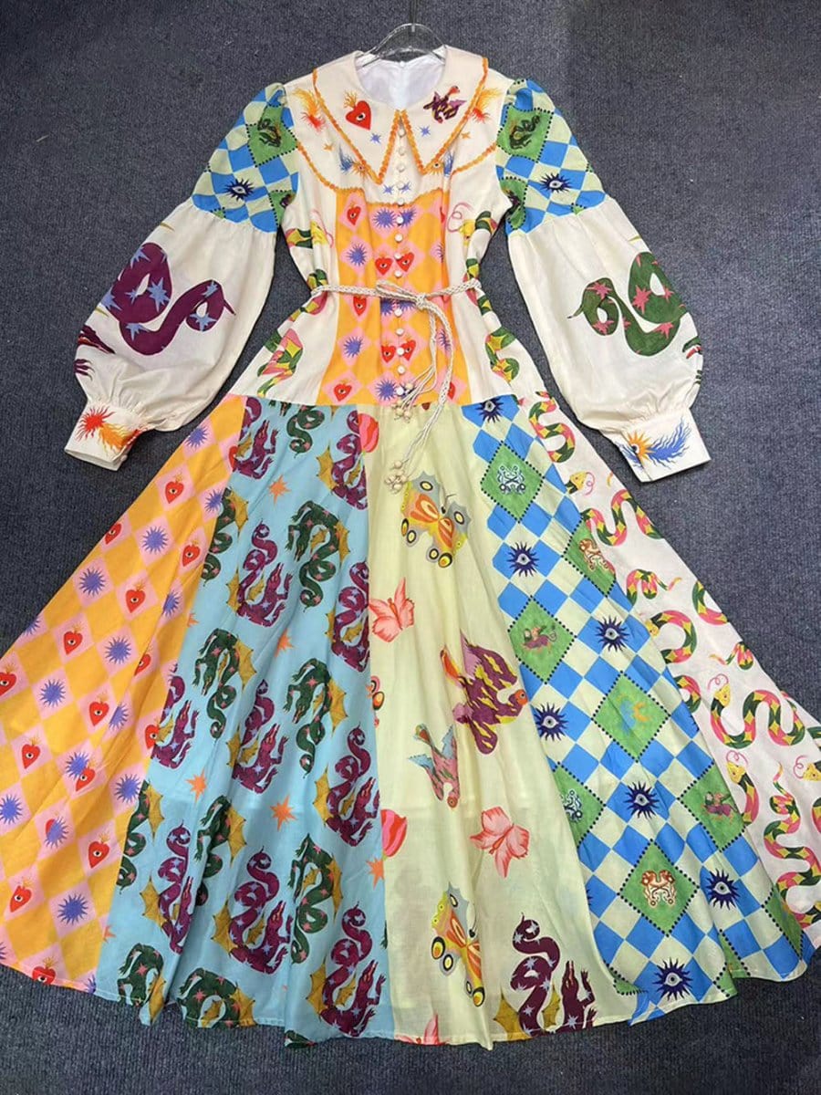 Multi Bishop Sleeve Button Front Mixed Print Patchwork Midi Shirt Dress 10