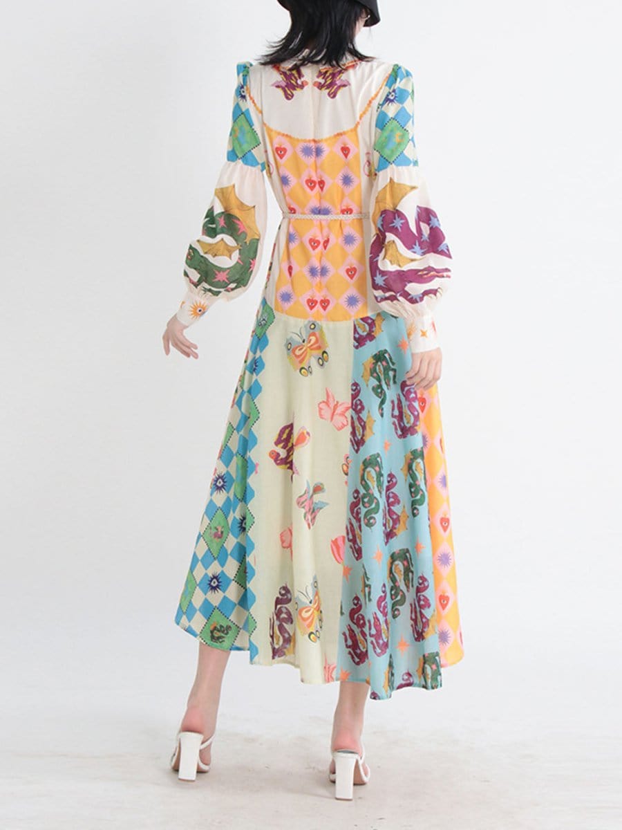 Multi Bishop Sleeve Button Front Mixed Print Patchwork Midi Shirt Dress 2