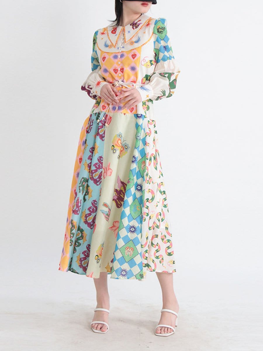 Multi Bishop Sleeve Button Front Mixed Print Patchwork Midi Shirt Dress 8