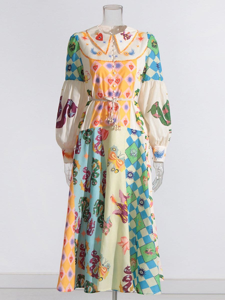 Multi Bishop Sleeve Button Front Mixed Print Patchwork Midi Shirt Dress 6