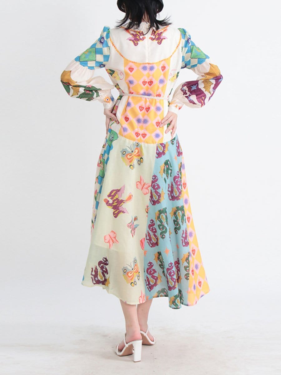 Multi Bishop Sleeve Button Front Mixed Print Patchwork Midi Shirt Dress 9