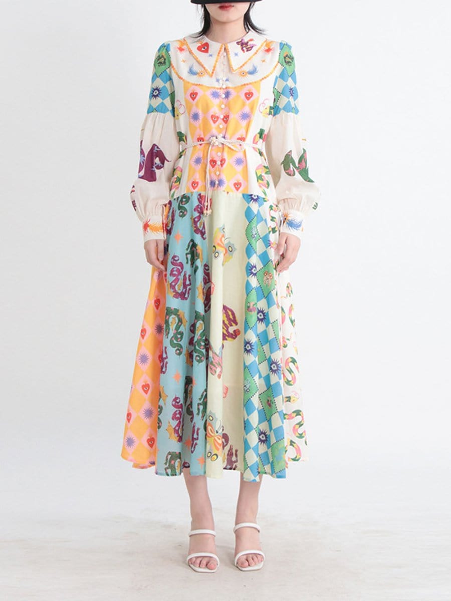 Multi Bishop Sleeve Button Front Mixed Print Patchwork Midi Shirt Dress 5