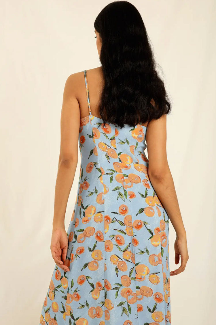 Blue Spaghetti Strap V-Neck Fruit Print Button Front Slip Midi Dress 3