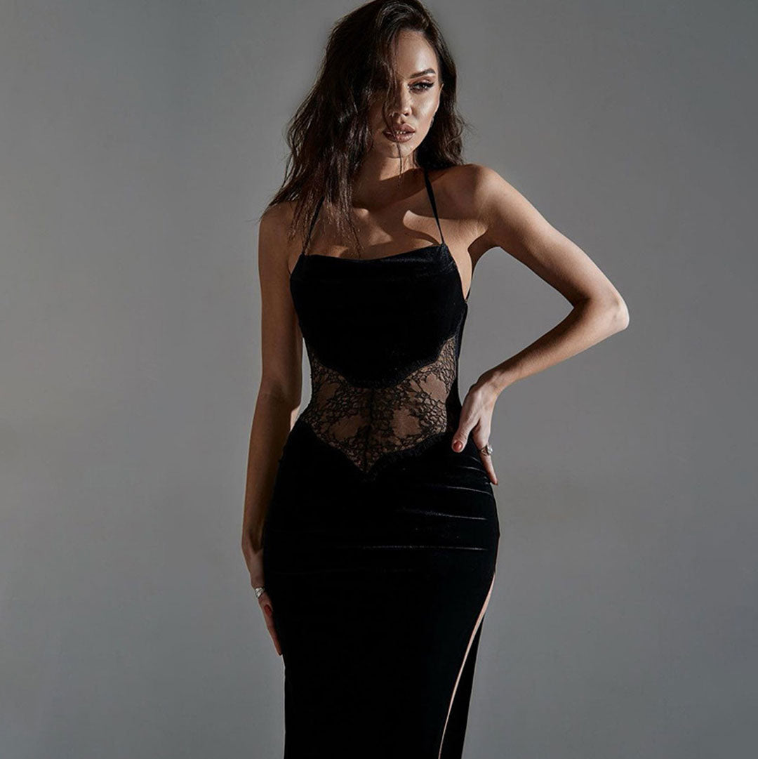Black Spaghetti Strap Velvet Lace Waist Panel High Slit Maxi Dress
