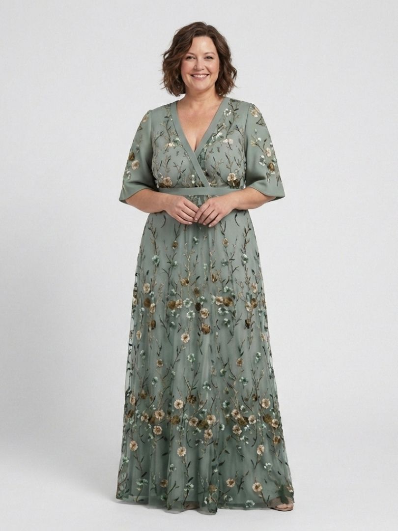 Green V-Neck Floral Embroidered Bell Sleeve Empire Waist Maxi Gown