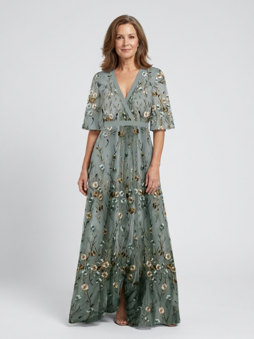 Green V-Neck Floral Embroidered Flutter Sleeve A-Line Maxi Gown