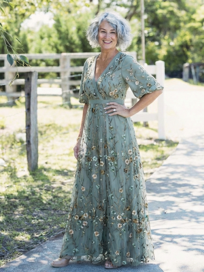 Green V-Neck Floral Embroidered Flutter Sleeve A-Line Maxi Gown 8