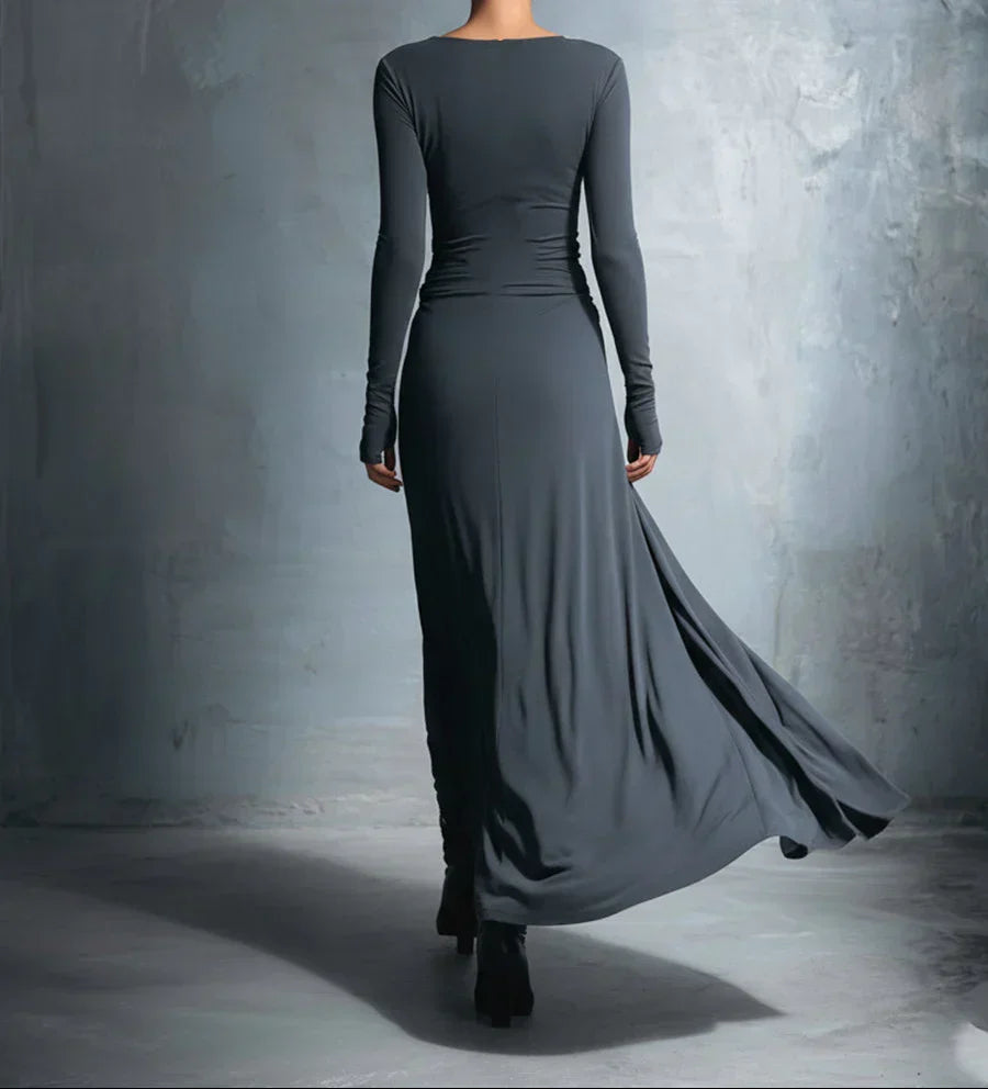 Boat Neck Long Sleeve Side Knot Ruched Draped Bodycon Maxi Dress