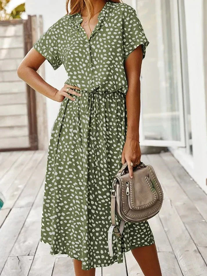 Collared Leopard Print Short Sleeve Drawstring Waist A-Line Midi Dress 3
