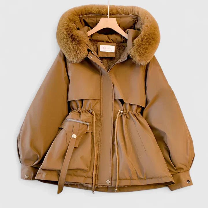 Faux Fur Hooded Fleece-Lined Drawstring Waist Parka Jacket