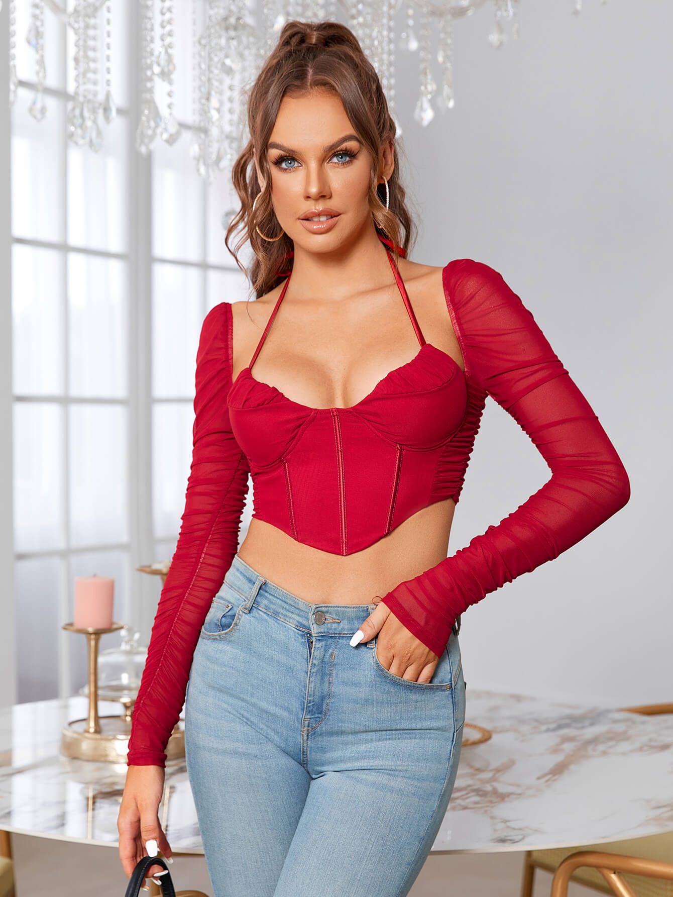 Tie Backless Ruched Hanky Hem Mesh Crop Top
