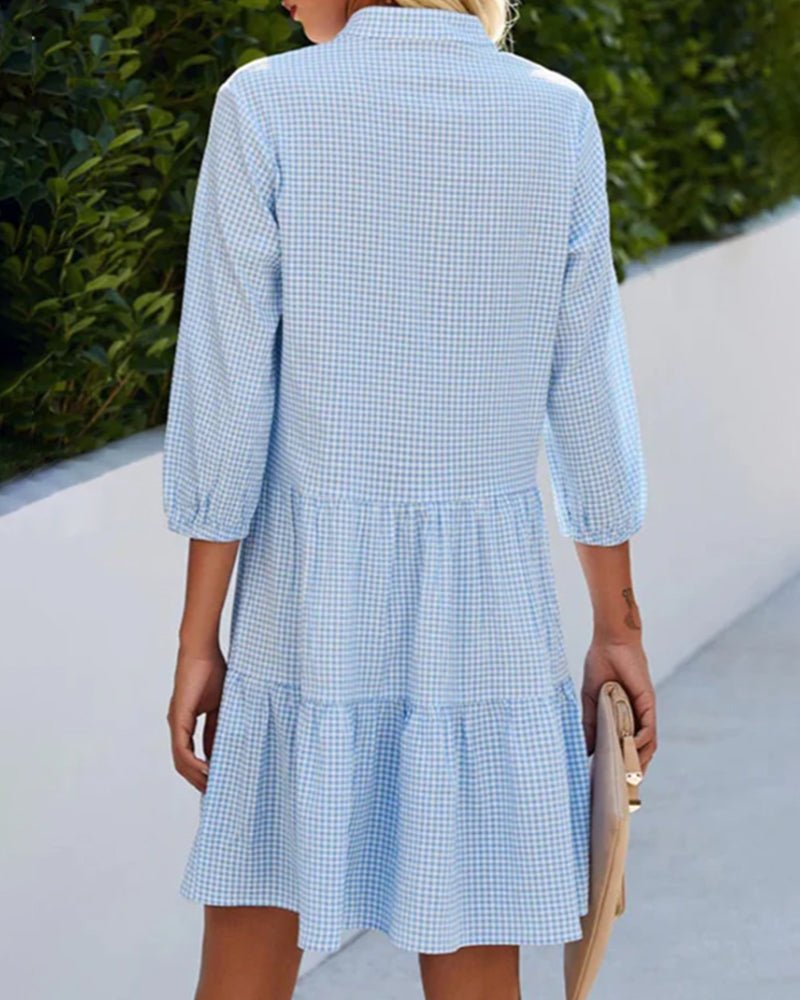 Fernanda Elegant A-line Dress with V-neck and Plaid Pattern for Women