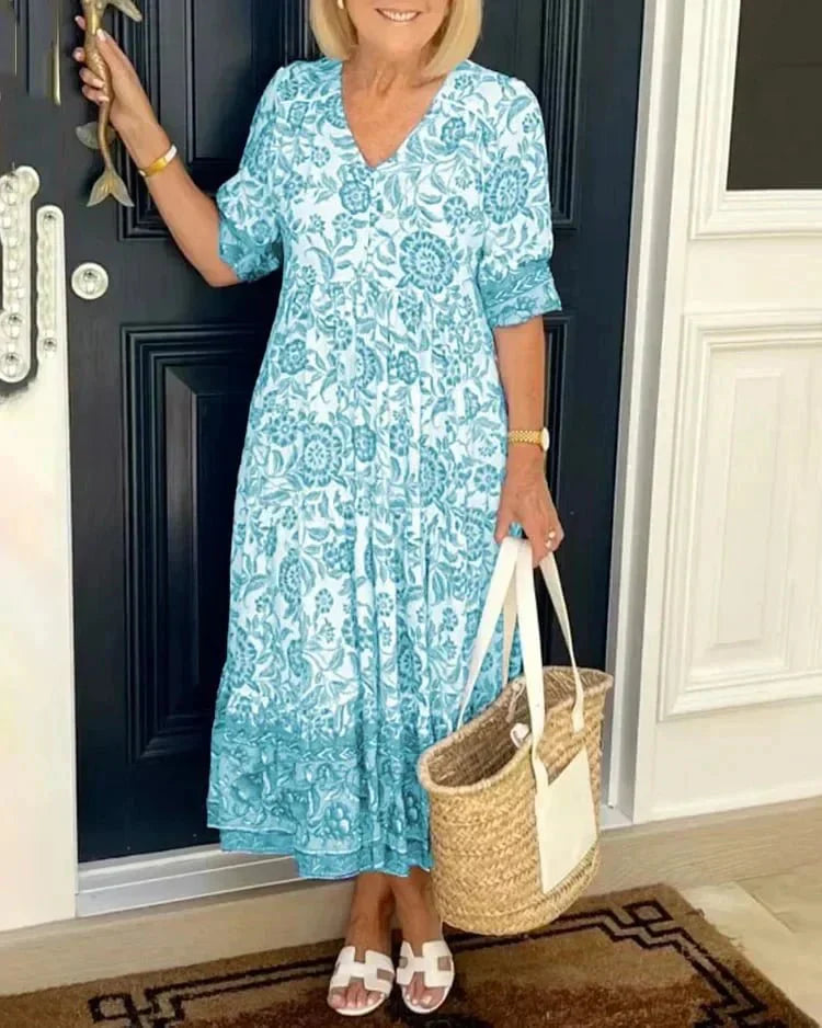 Úrsula Elegant Floral Dress with V-neck for Women Vacation Beach Look