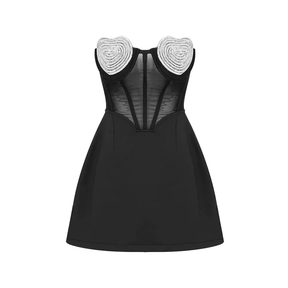 Strapless Rhinestone Heart Bustier Corset A-Line Mini Dress