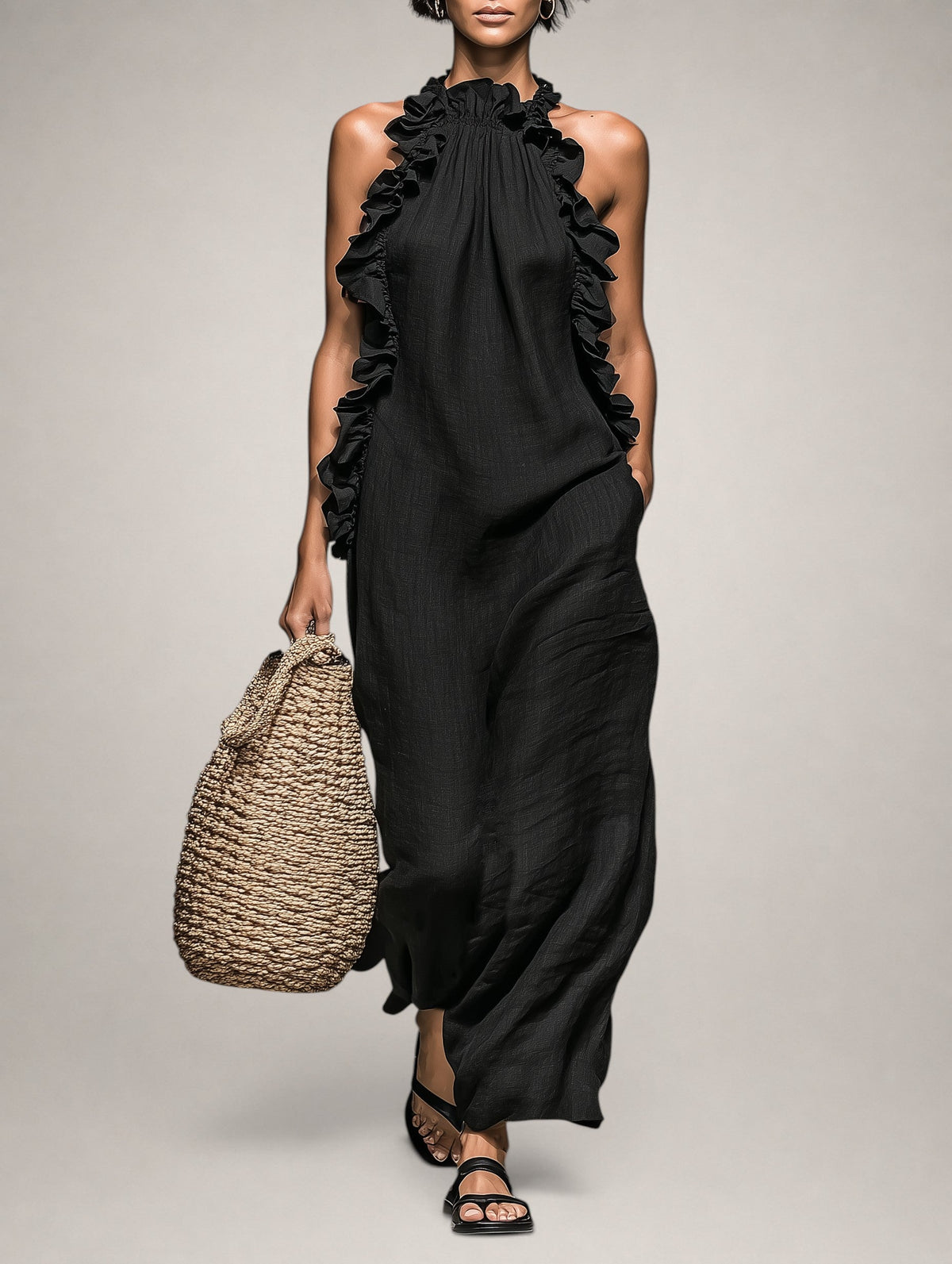 Halter Neck Ruffle Trim Linen Column Maxi Dress 3