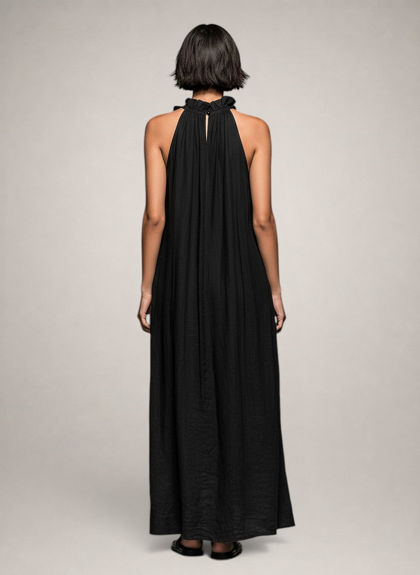 Halter Neck Ruffle Trim Linen Column Maxi Dress 2
