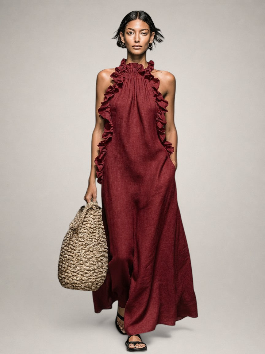Halter Neck Ruffle Trim Linen Column Maxi Dress 6