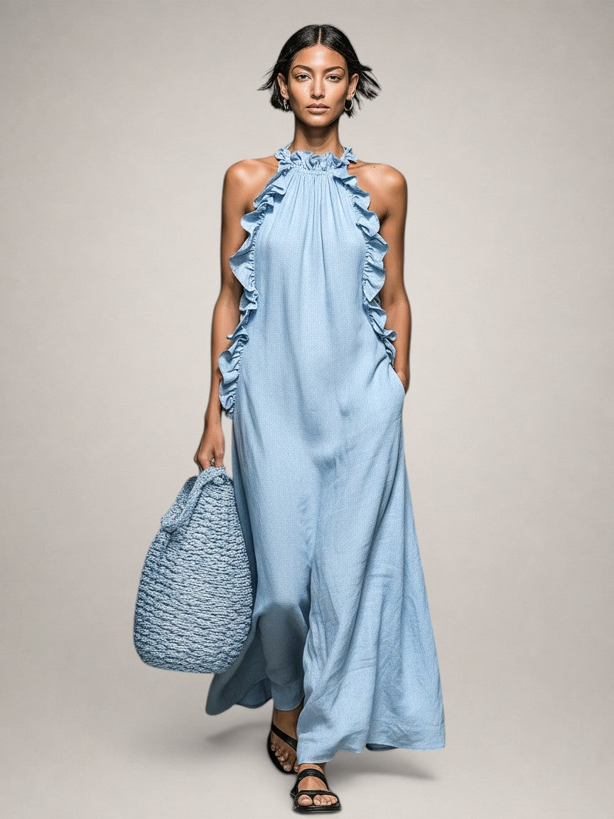 Halter Neck Ruffle Trim Linen Column Maxi Dress 7