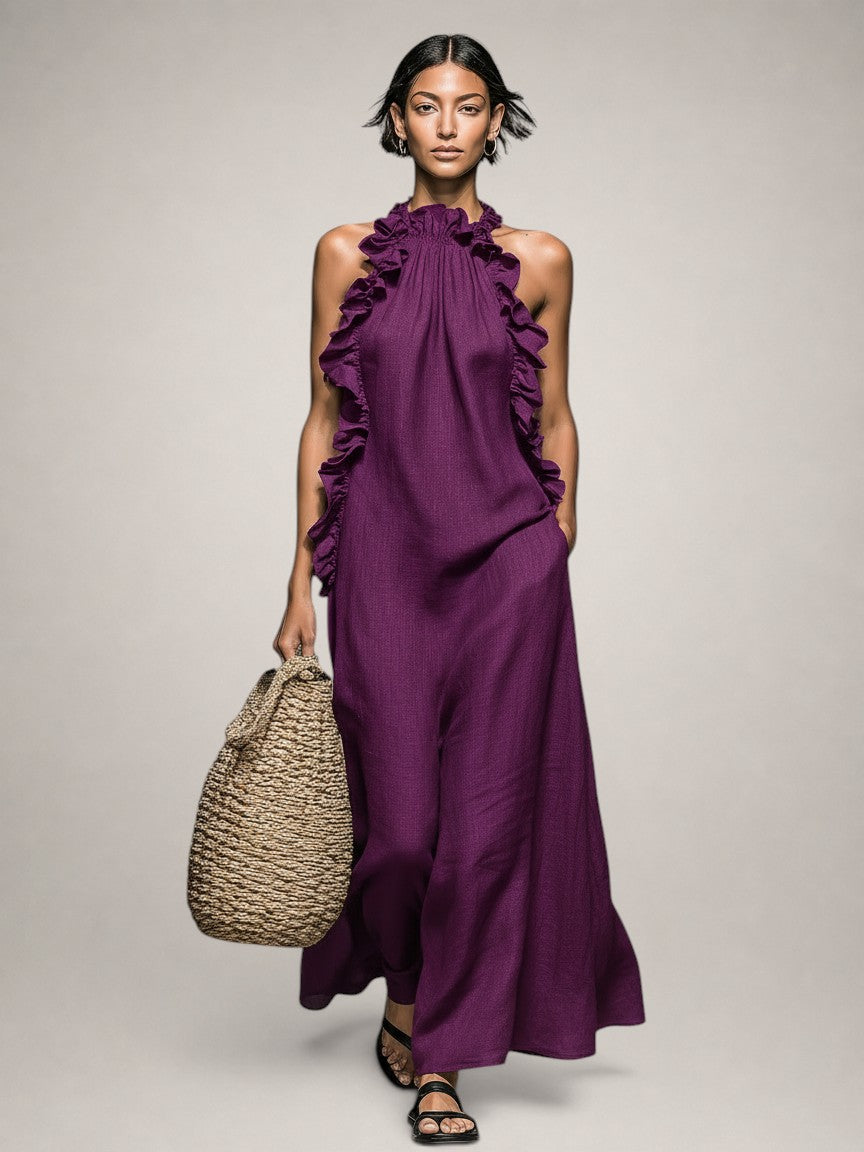 Halter Neck Ruffle Trim Linen Column Maxi Dress 8