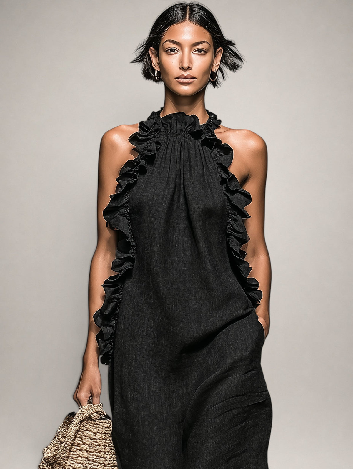 Halter Neck Ruffle Trim Linen Column Maxi Dress 5