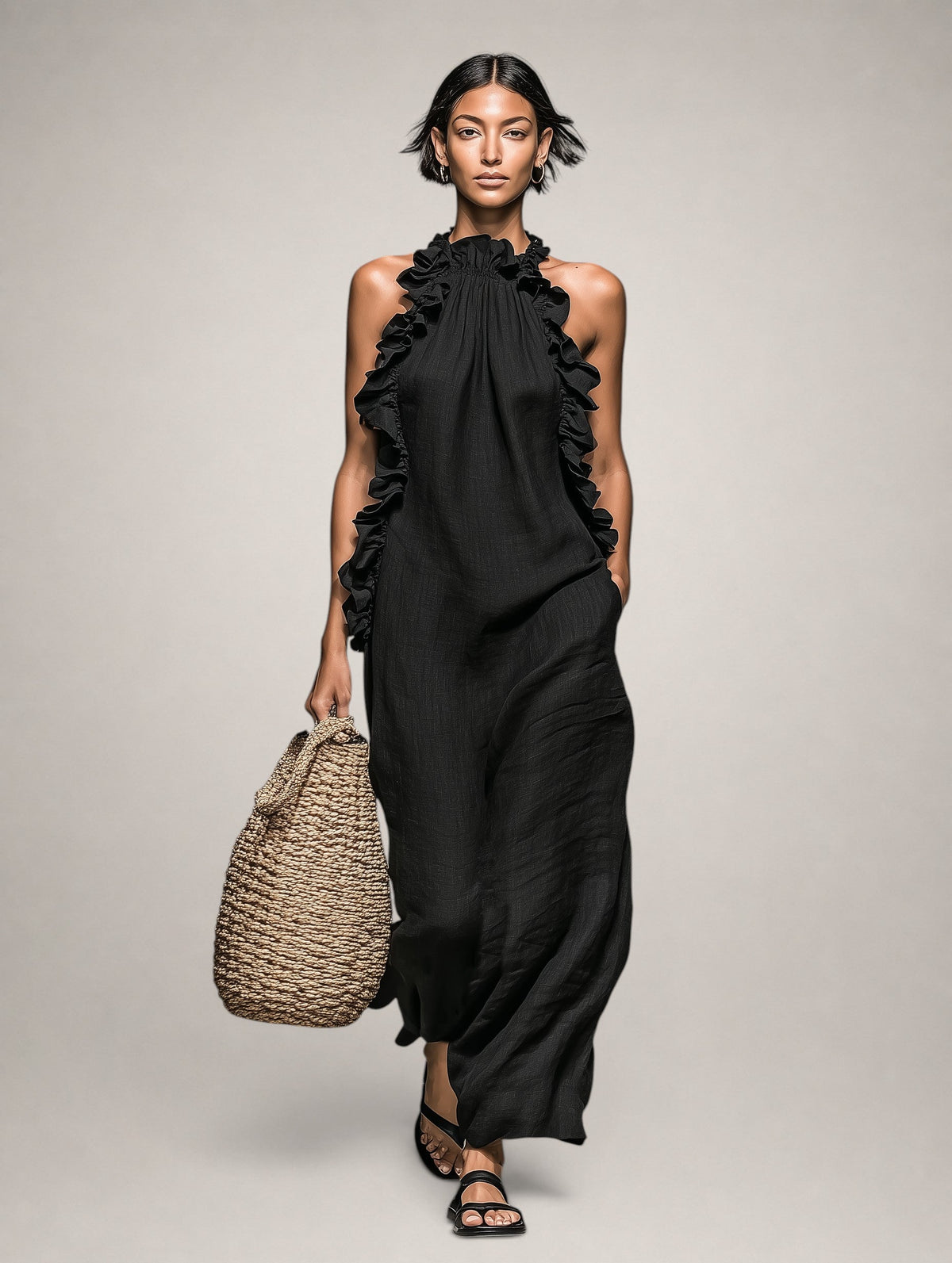 Halter Neck Ruffle Trim Linen Column Maxi Dress