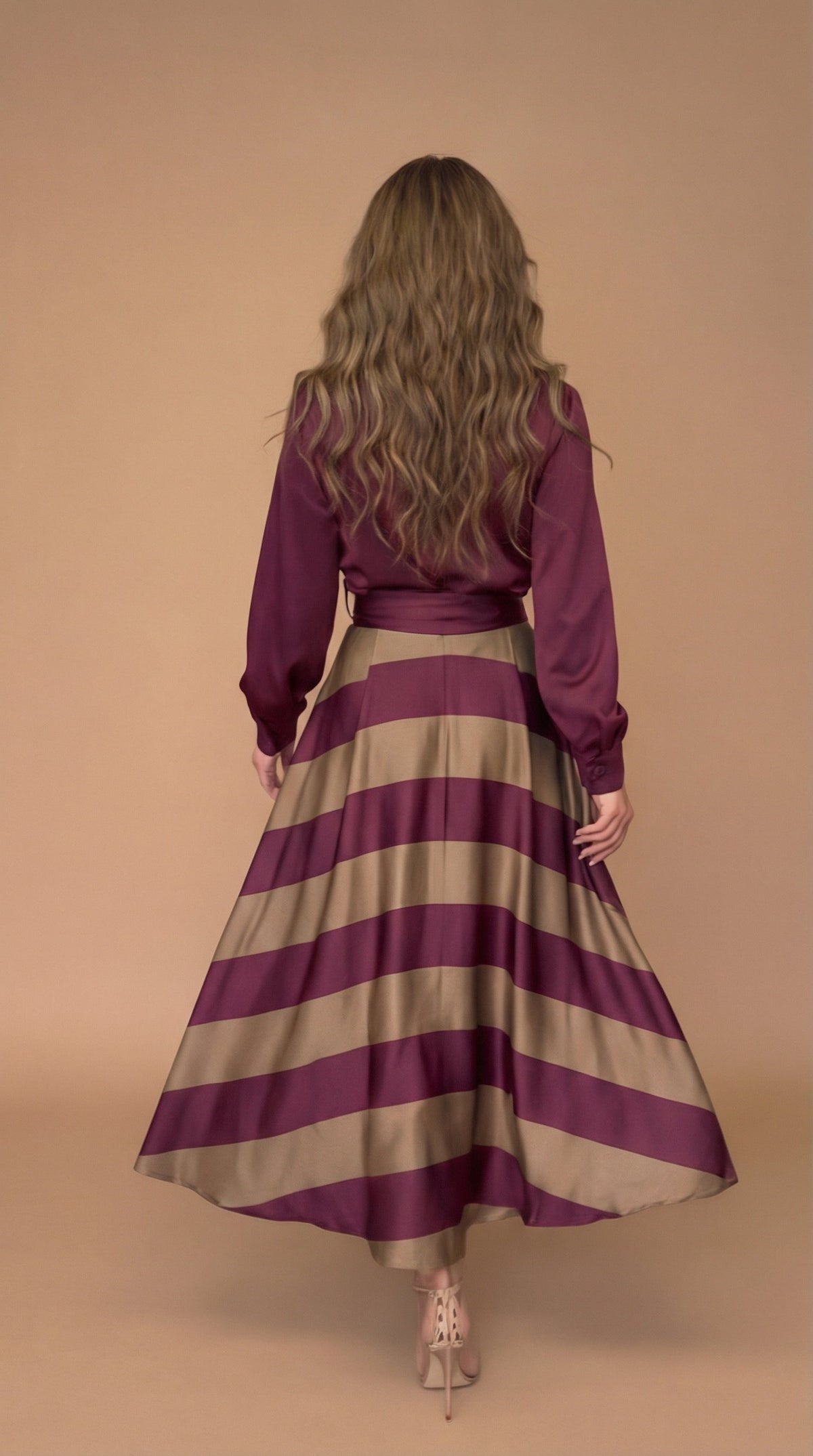 Collared Button Front Long Sleeve Belted Satin Striped Maxi Dress 2