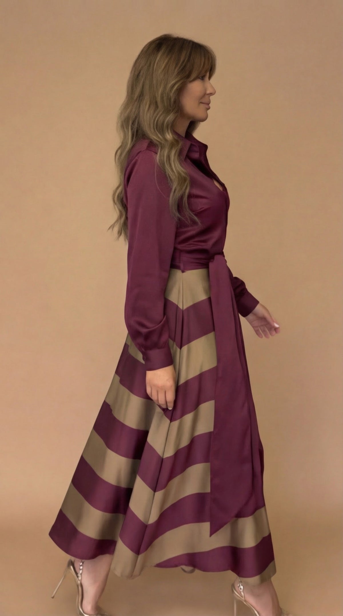 Collared Button Front Long Sleeve Belted Satin Striped Maxi Dress 7