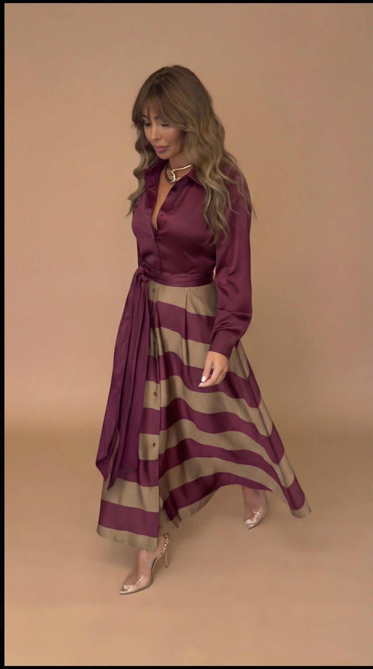 Collared Button Front Long Sleeve Belted Satin Striped Maxi Dress 8