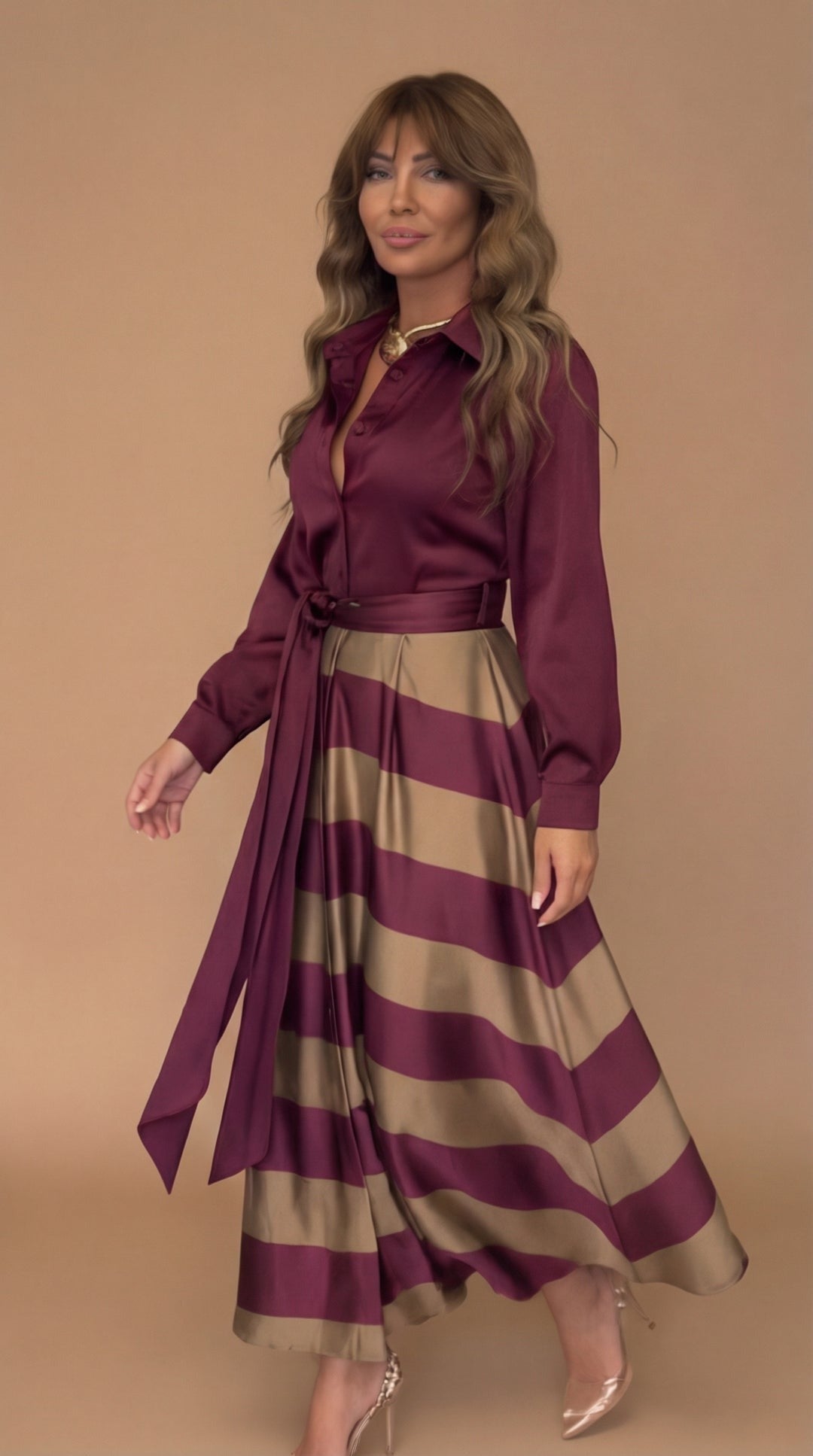 Collared Button Front Long Sleeve Belted Satin Striped Maxi Dress 3