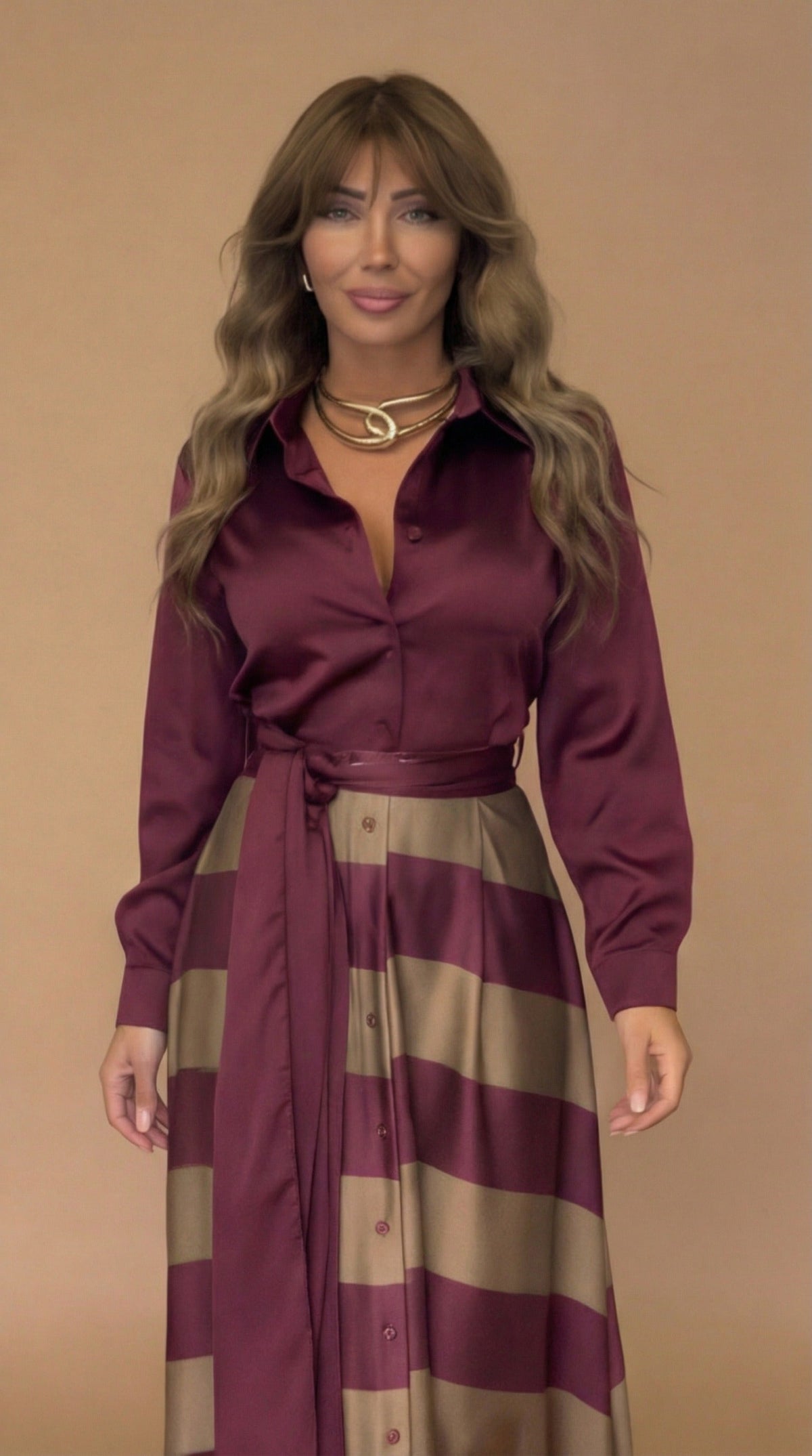 Collared Button Front Long Sleeve Belted Satin Striped Maxi Dress 4