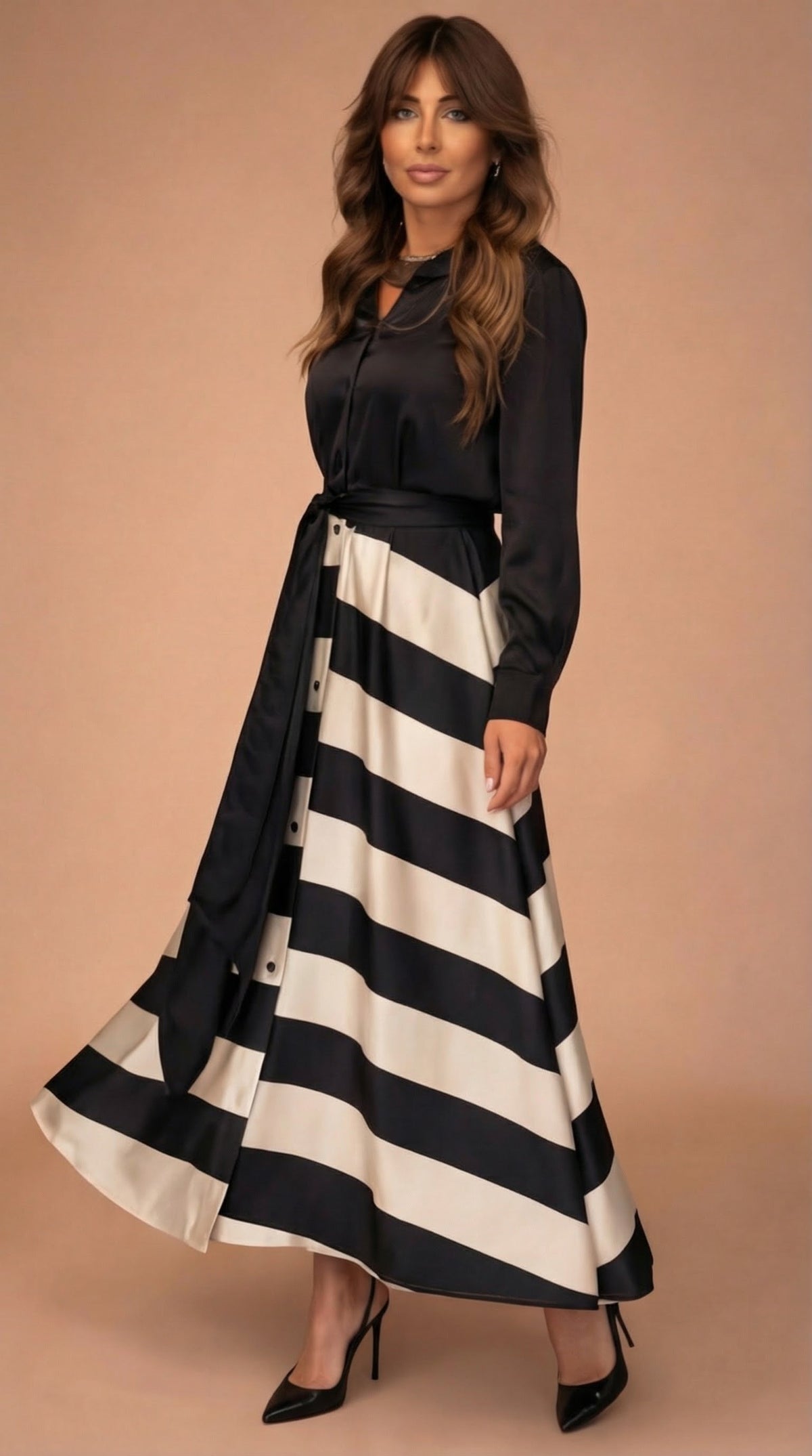 Collared Button Front Long Sleeve Belted Satin Striped Maxi Dress 6