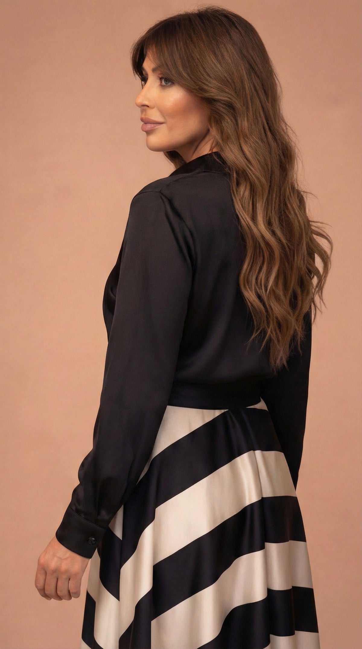 Collared Button Front Long Sleeve Belted Satin Striped Maxi Dress 9
