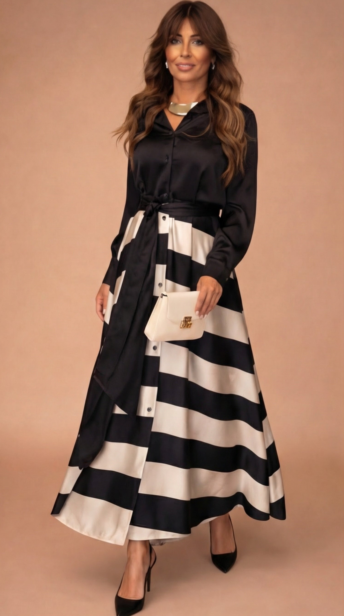 Collared Button Front Long Sleeve Belted Satin Striped Maxi Dress 5