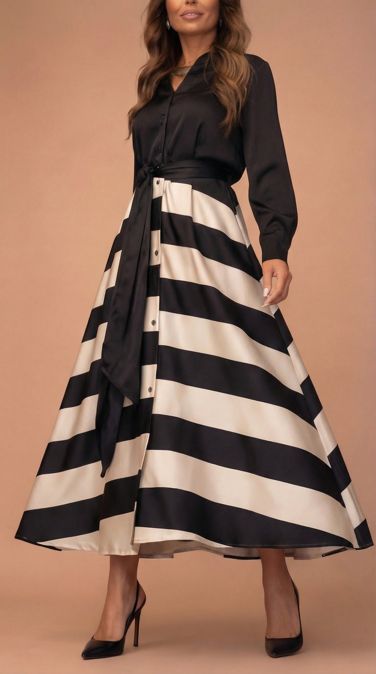 Collared Button Front Long Sleeve Belted Satin Striped Maxi Dress 11