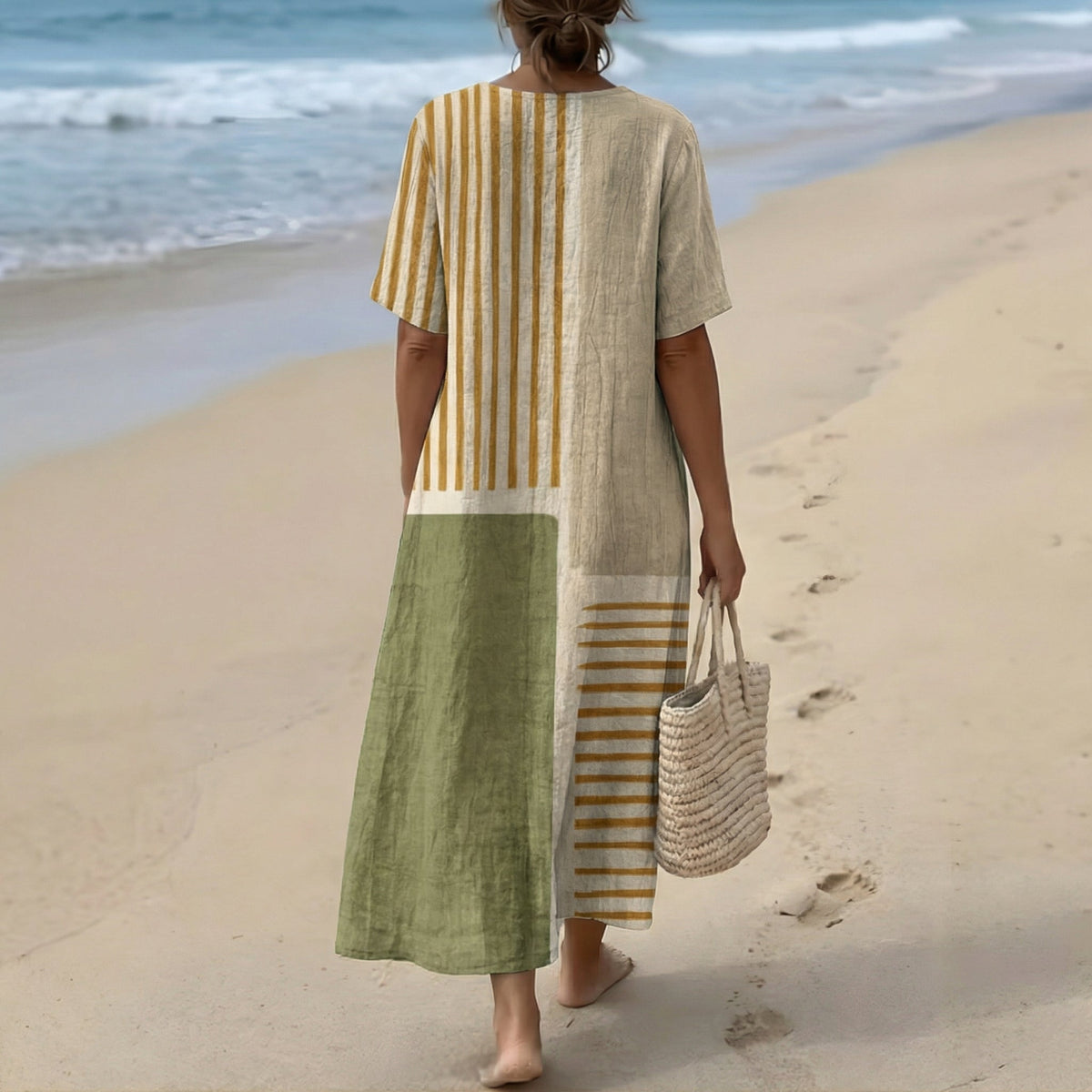V-Neck Striped Colorblock Short Sleeve Linen Relaxed Midi Dress 2