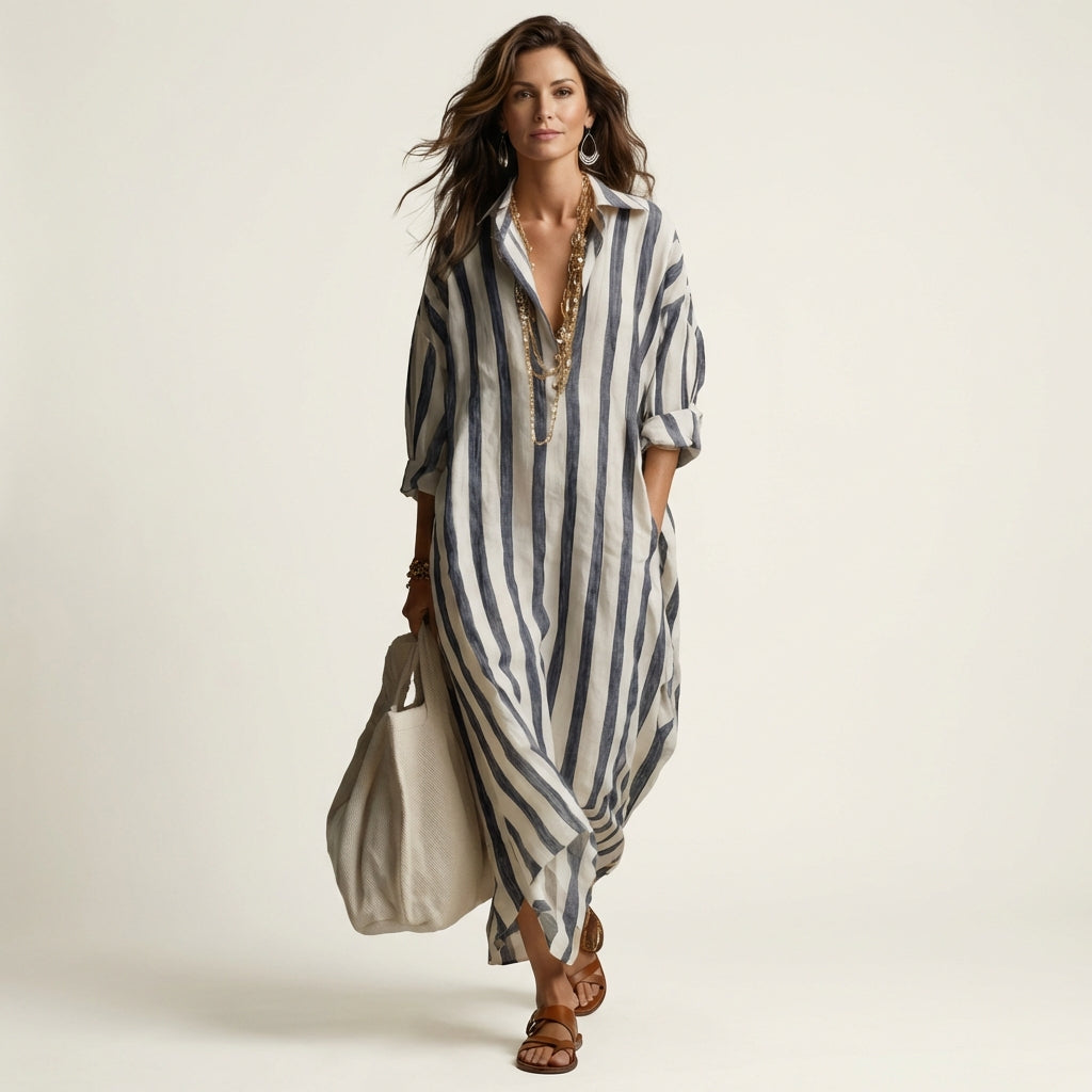 Collared Striped Long Sleeve Split Neck Oversized Shirt Maxi Dress