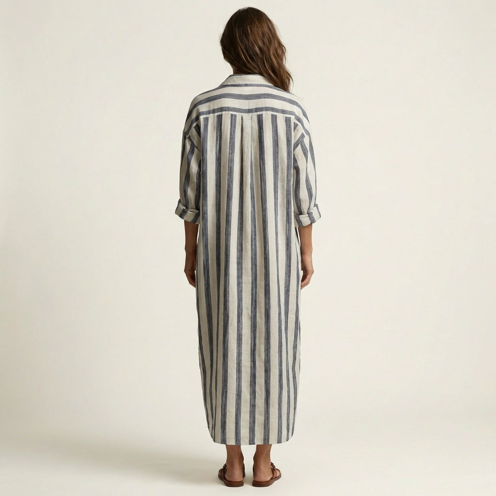 Collared Striped Long Sleeve Split Neck Oversized Shirt Maxi Dress 2
