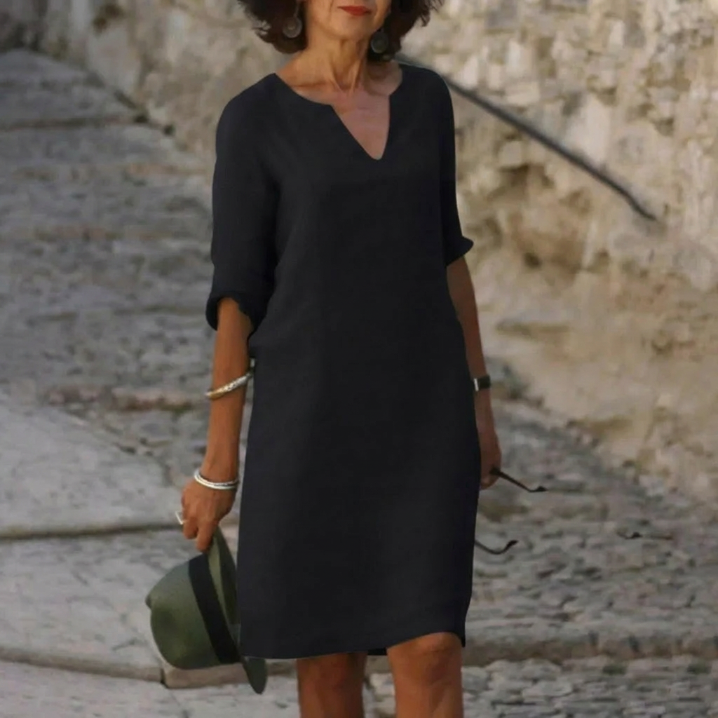 Split V-Neck Half Sleeve Linen Shift Midi Dress