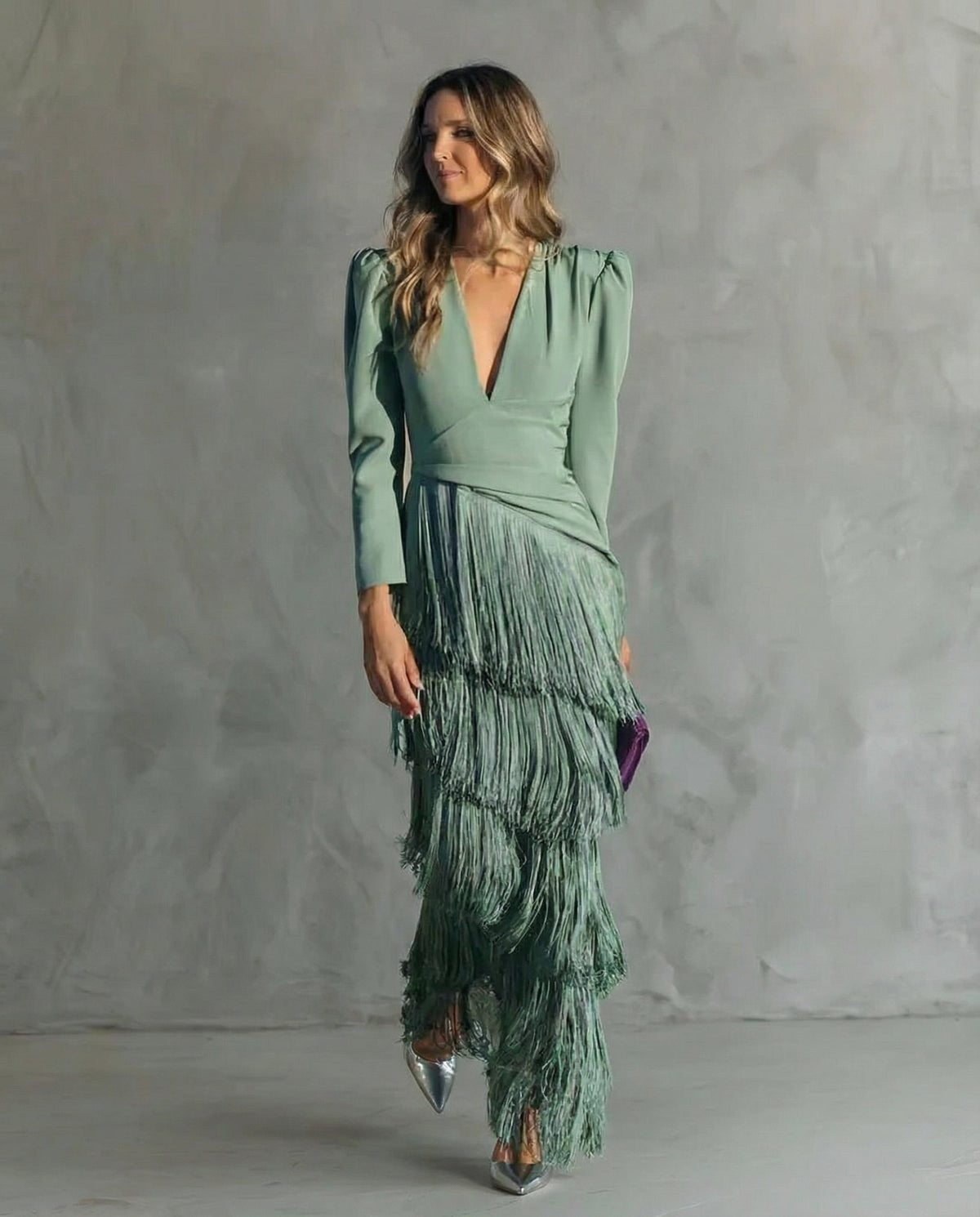 Deep V-Neck Long Sleeve Tiered Fringe Bodycon Maxi Gown