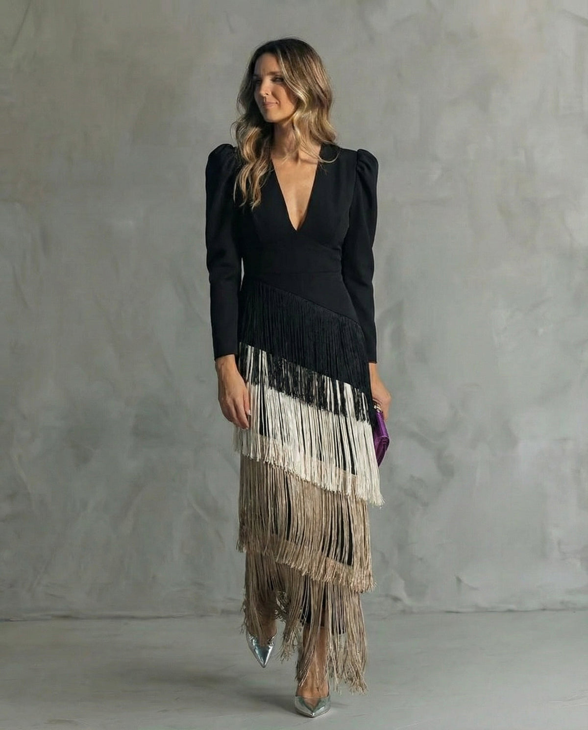 Plunge V-Neck Long Sleeve Tiered Fringe Column Maxi Gown