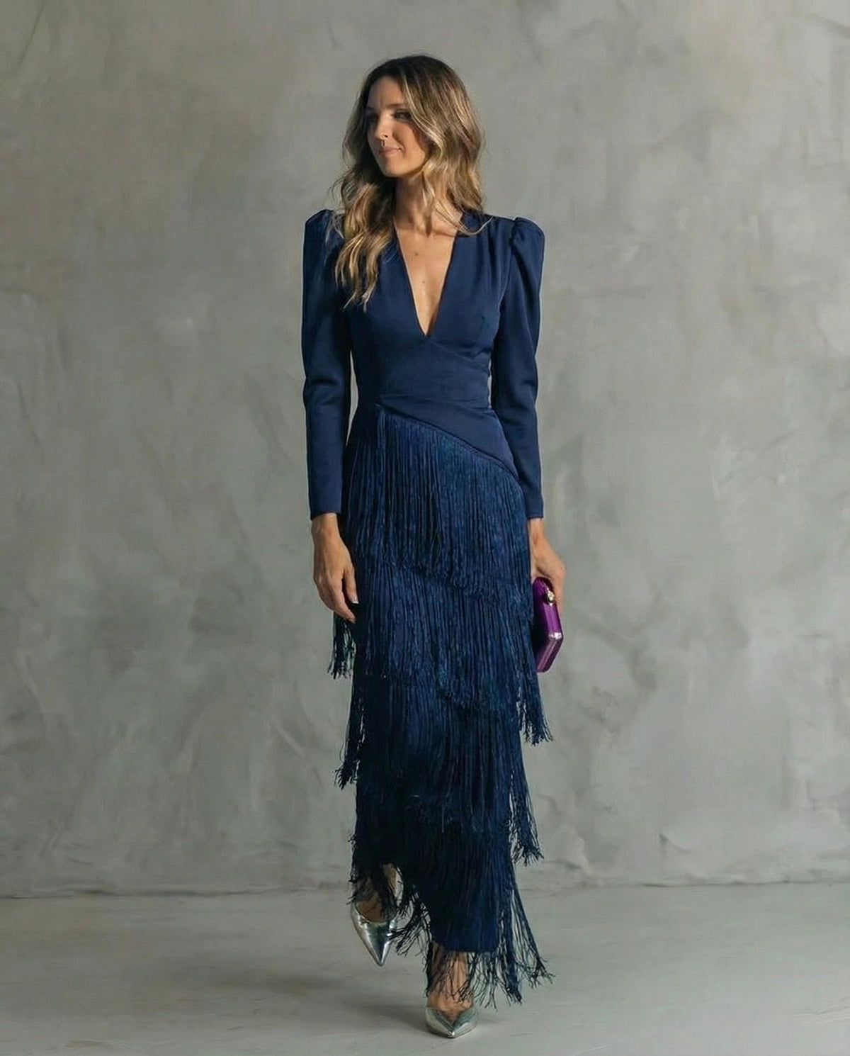 Deep V-Neck Long Sleeve Tiered Fringe Bodycon Maxi Gown 2