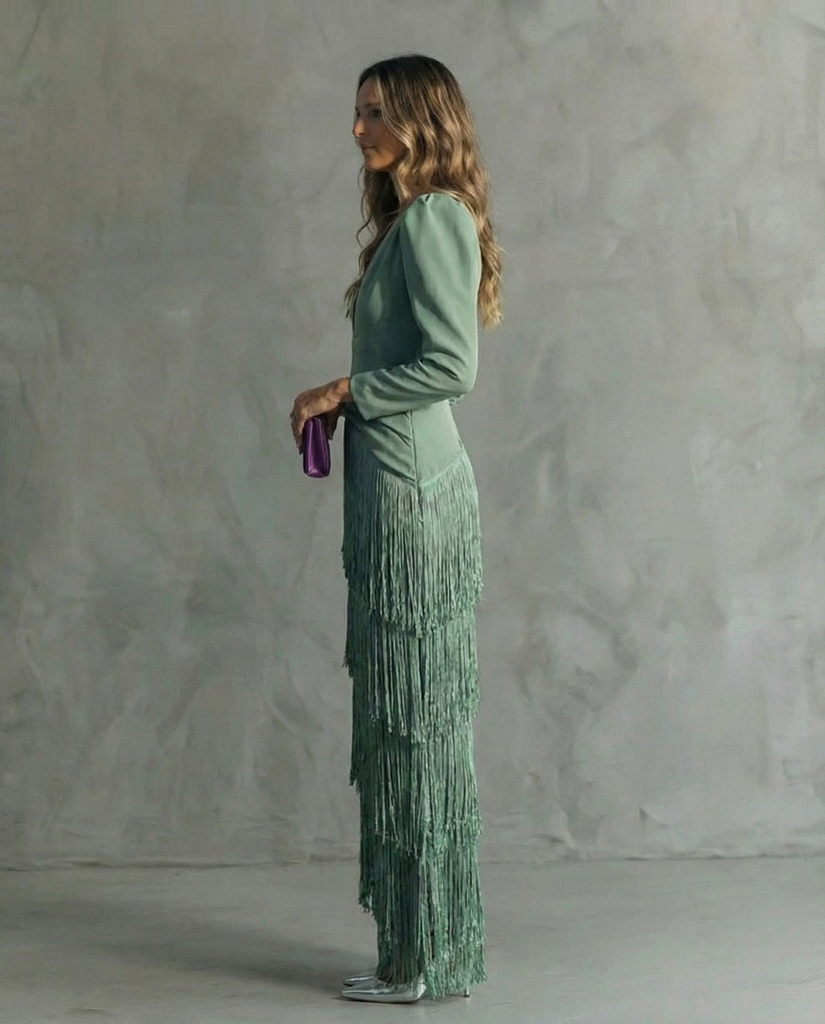 Deep V-Neck Long Sleeve Tiered Fringe Column Maxi Gown 6
