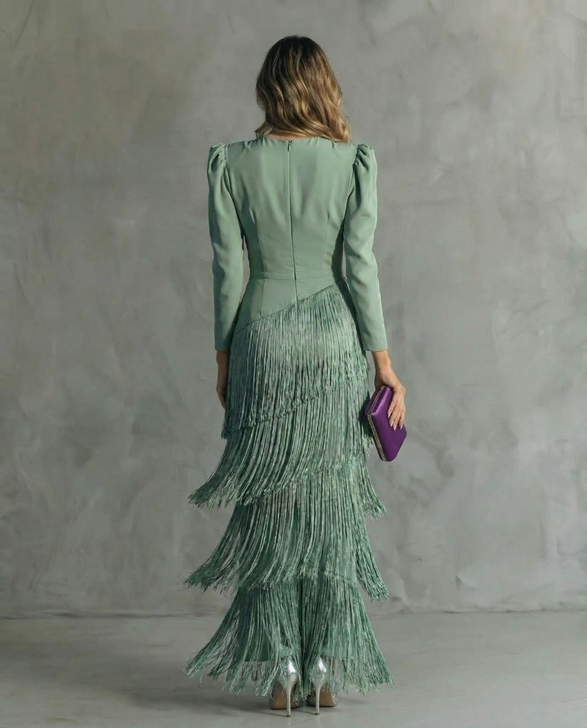 Deep V-Neck Long Sleeve Tiered Fringe Bodycon Maxi Gown 7