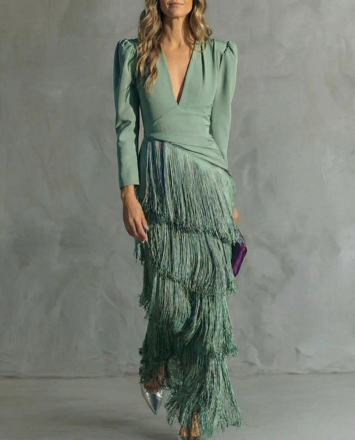 Deep V-Neck Long Sleeve Tiered Fringe Column Maxi Gown 5