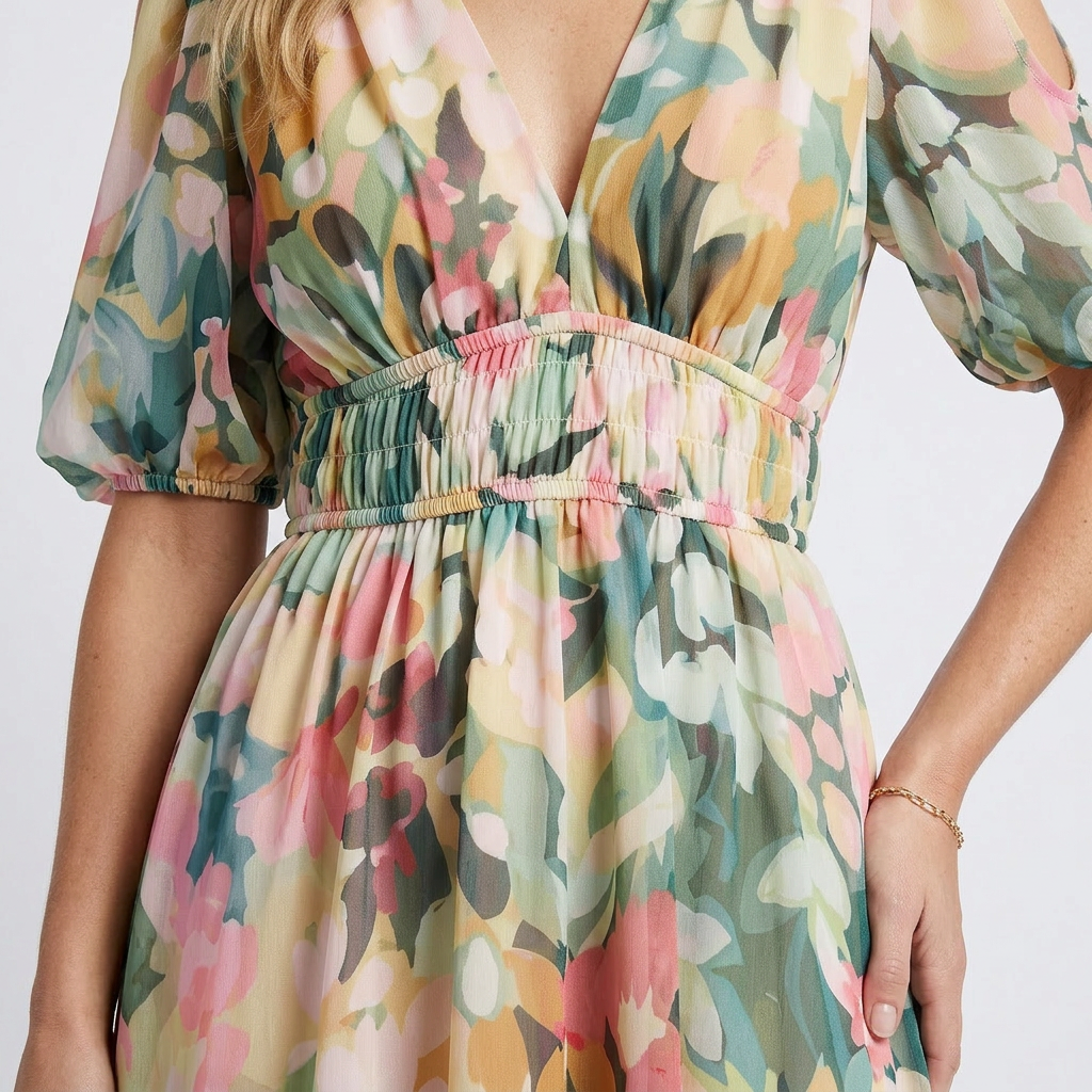 Floral V-Neck Floral Cold Shoulder Puff Sleeve Smocked Waist Maxi Dress 4