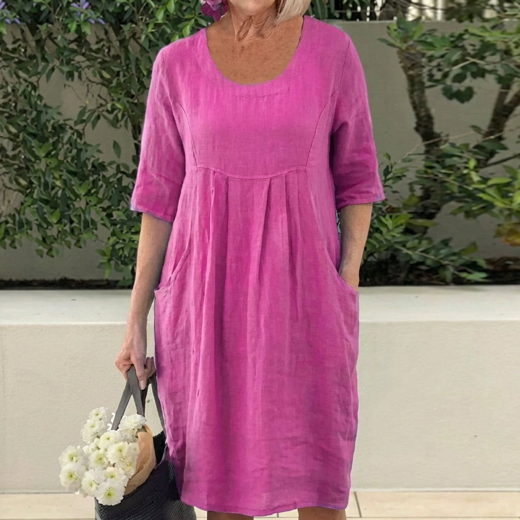 Scoop Neck Half Sleeve Linen Pleated Pocket Midi Dress 2