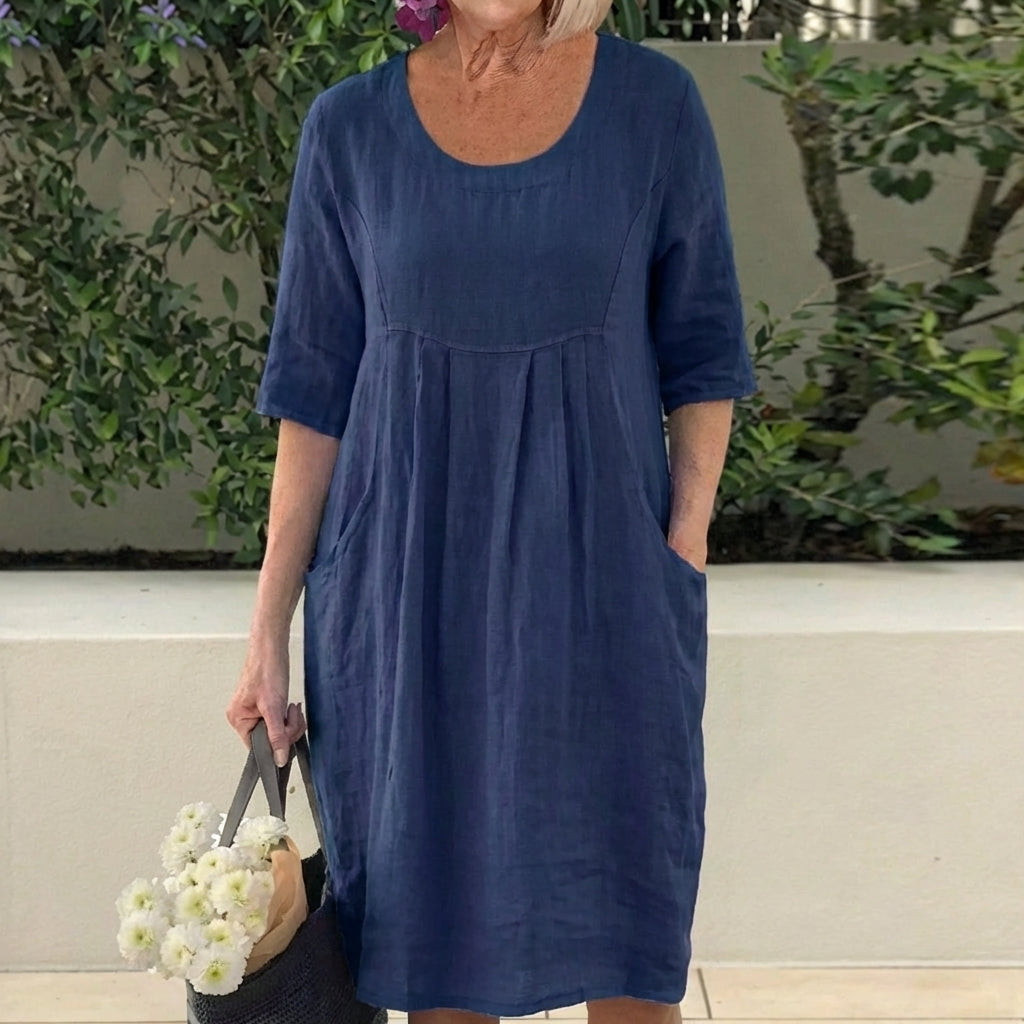 Scoop Neck Half Sleeve Linen Pleated Pocket Midi Dress
