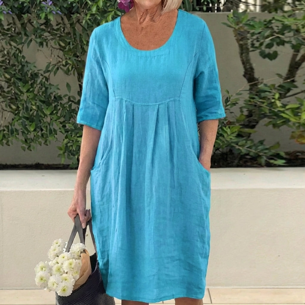 Scoop Neck Half Sleeve Linen Pleated Pocket Midi Dress 4