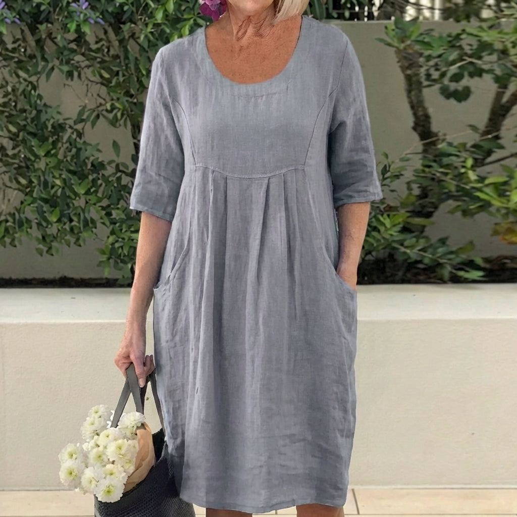 Scoop Neck Half Sleeve Linen Pleated Pocket Midi Dress 5