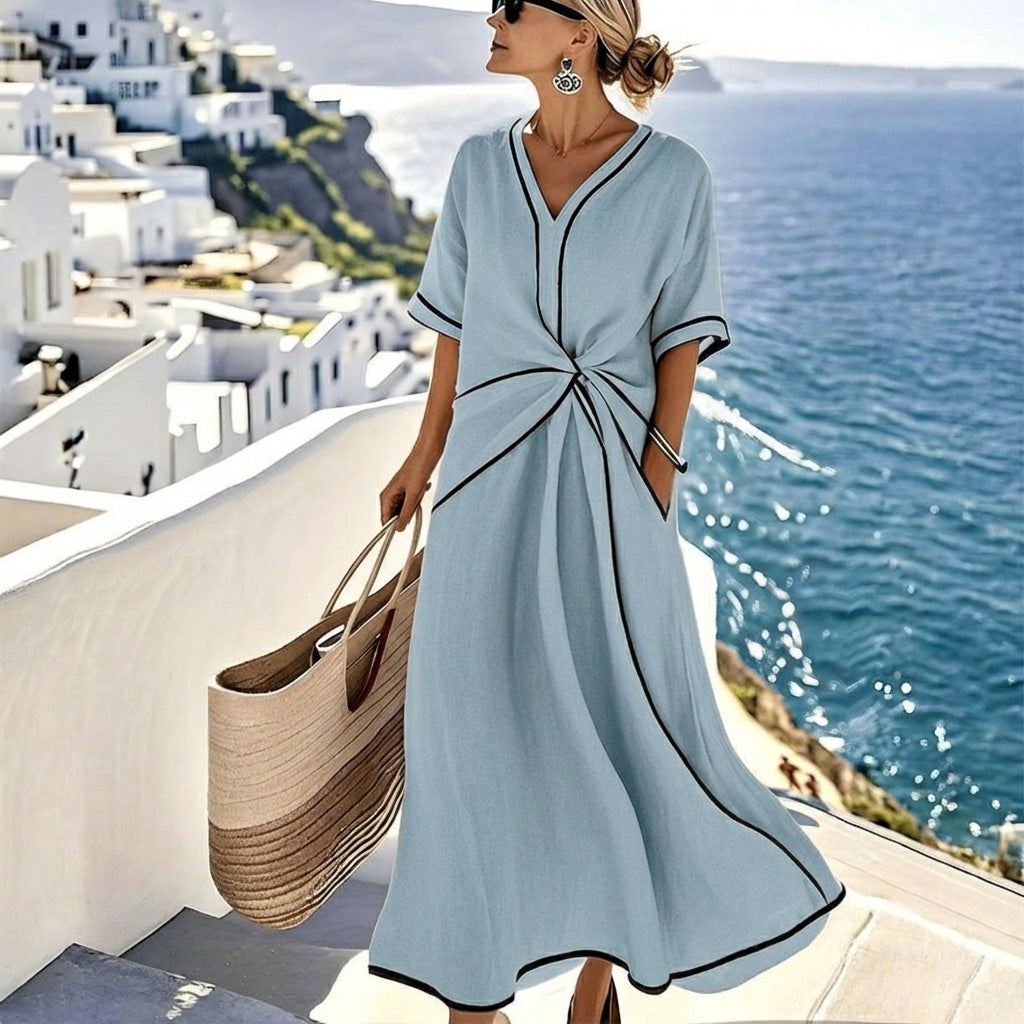 V-Neck Contrast Trim Twist Front Short Sleeve A-Line Midi Dress